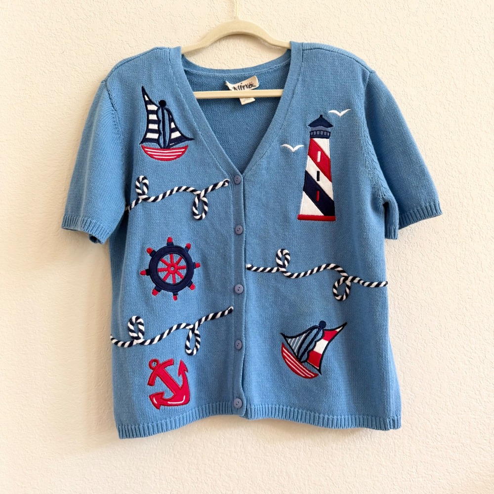 Bechamel Womens Blue Nautical Embroidered Short Sleeve Cardigan Sweater Large - Picture 2 of 12